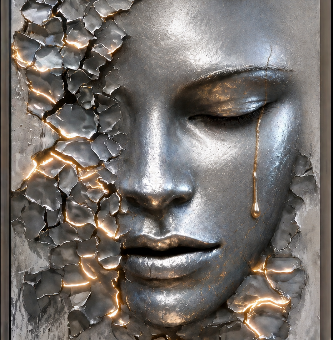 Silver sculpted face with a gold tear and illuminated cracks, representing pain, healing, and resilience